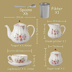 Porcelain Tea Sets British Royal Series, 8 OZ Cups& Saucer Service for 6, with Teapot Sugar Bowl Cream Pitcher Teaspoons and tea strainer and Display Stand for Tea/Coffee (Rose Flower) - Image 7