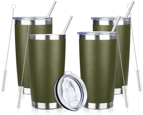 20oz Tumbler with Straw and Brush, Stainless Steel Vacuum Insulated tumbler, Double Wall Insulated Coffee Tumbler for Outdoor, Home, Travel,Office (Army Green,4pcs) by ATIKZHE