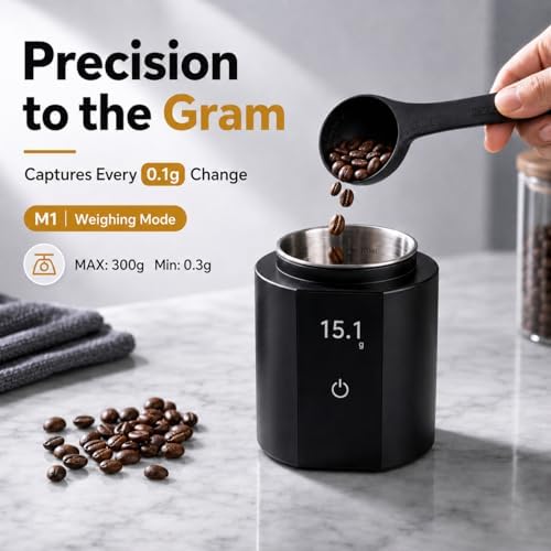 Espresso Scale with Auto Timer, 3‑in‑1 SUS304 Coffee Dosing Cup, 0.1g Precision 300g, USB‑C Rechargeable OLED Display, Portable Shot Scale for Coffee Beans & Ground Powder, Black - Image 2