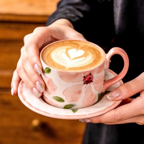 KAMMAK Coffee Cups and Saucers Set of 2, 8.5oz Ceramic Tea Cup with Saucer - Image 5