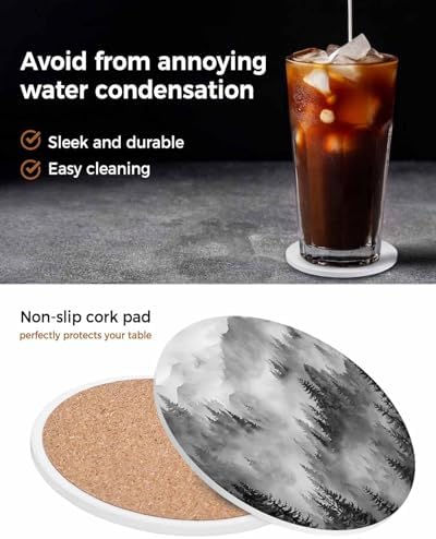 Coaster for Drinks 4 Pack,Watercolor Forest Tree Mountain Absorbent Round Ceramic Stone with Cork Base,Black Gray Natural Scenic Drink Coaster Cup Mats for Home Dining Coffee Tables - Image 6