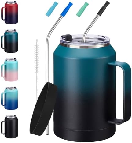 32/50oz Mug Tumbler with Handle and Straw - 32 oz Stainless Steel Wide Mouth Travel Coffee Cups w/ Lid, Reusable Home Office Work Mugs, Double Wall Vacuum Insulated Bottle Keep Cold 36 Hrs Hot 24 Hrs by VICKNIY