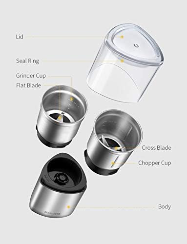 SHARDOR Electric Coffee Grinder Herb Blade Grinder Spices Grinder with 2 Removable Stainless Steel Bowls, Silver - Image 7