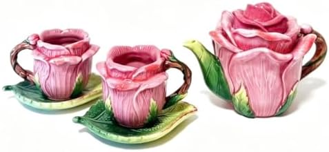 Ceramic Rose Tea Pot Set, 3D Hand-painted Rose Red Flower Cup and Green Leaves Saucer, Set of 5 by Minigift