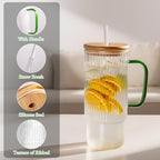 32oz Ribbed Glass Cup with Handle Bamboo Lid and Straw, Glass Tumbler, Iced Coffee Cups Hot/Cold Drinks (Green Handle) - Image 3
