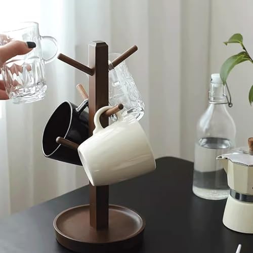 Solid Black Walnut Mug Tree, 6-Hook Wooden Coffee Cup Holder with Drip-Catch Base Non-Slip Feet Vertical Storage Stand Dish Racks - Image 3