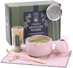 7-Piece Matcha Whisk Set – Ceramic Matcha Bowl with Spout, Bamboo Whisk & Holder, Scoop, Sifter, Tea Towel – Japanese Tea Set & Matcha Starter Kit Gift Box (Pink) by STRABELLAHOMEKITCHEN