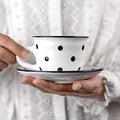 City to Cottage Handmade White And Black Polka Dot Ceramic 8.4oz/250ml | Cappuccino, Coffee, Tea Cup and Saucer, Unique Designer Pottery for Tea Lovers by CitytoCottage