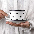 City to Cottage Handmade White And Black Polka Dot Ceramic 8.4oz/250ml | Cappuccino, Coffee, Tea Cup and Saucer, Unique Designer Pottery for Tea Lovers by CitytoCottage