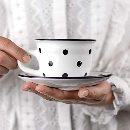 City to Cottage Handmade White And Black Polka Dot Ceramic 8.4oz/250ml | Cappuccino, Coffee, Tea Cup and Saucer, Unique Designer Pottery for Tea Lovers by CitytoCottage