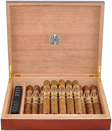 Humidor Cigar Box Holds 20 Cigars, Seal Lid Closure, Spanish Cedar Wood Travel Storage Cigar Case with Removable Divider, Humidifier and Golden Hygrometer, Gift for Man, Sapele Cherry Finish - Image 3