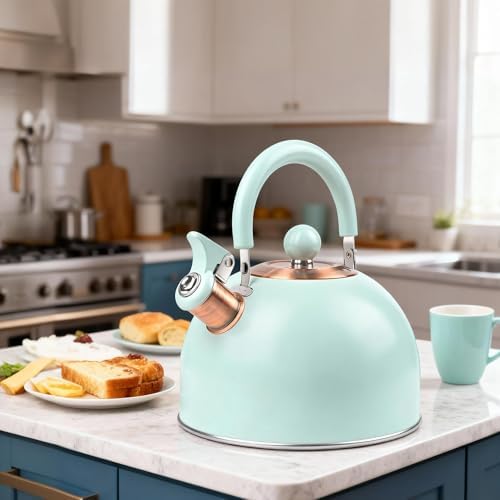 2.6 Quart Mint Green Whistling Tea Kettle, tea pot, Stainless Steel, Cool-Touch Handle, Loud Whistle, 7.48-inch Base, Induction Compatible - Image 2