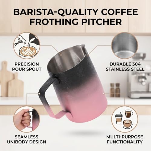 Coffee Milk Frothing Pitcher with Spout, 450ML Stainless Steel Espresso Steaming Pitcher, Milk Frother Steamer Cup Frothing Creamer Jug for Cappuccino Latte Art Coffee Machine (Gradient Pink) - Image 5