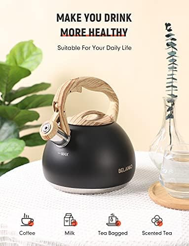 BELANKO 2.7 Quart Tea Kettle for Stovetops - Food Grade Stainless Steel Teapot with Loud Whistle, Cool-Touch Wood Pattern Handle, Rust-Resistant Whistling Kettle - Matte Black - Image 2