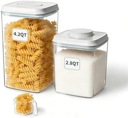 Airtight Food Containers Set with One-Touch Lid, Mixed Size Set (2.8 QT / 2.65 L & 4.2 QT / 4.0 L) with Scoop, Stackable Jars for Complete Kitchen Organization. by EQI