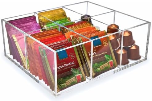 Heavy-Duty Acrylic Tea Bag Organizer, 6-Compartment Storage Box by Meicloud