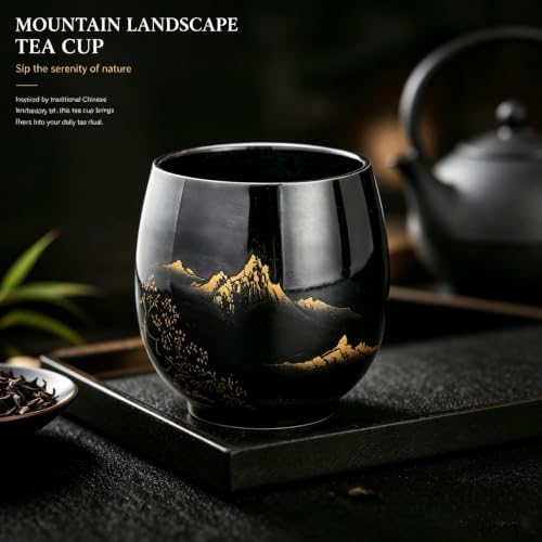 Japanese Tea Set, Black Porcelain Tea Set with 1 Teapot Set, 6 Tea Cups, 1 Tea Tray, 1 Stainless Infuser, Beautiful Asian Tea Sets for Adults, Tea Lover/Women/Men (Black Landscape) - Image 4