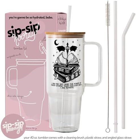 Sip-Sip Hooray! Fourth Wing 40oz Glass Tumbler with Lid and Straw, Bookish Iced Coffee Cup, Romantasy Dragon Gift for Readers, Basgiath Booktok Merch - Image 5