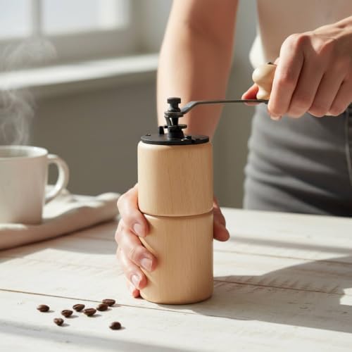 kowaku Wooden Hand Coffee Stainless Steel Manual Coffee Cylindrical Kitchen Gadget, Light Color - Image 5