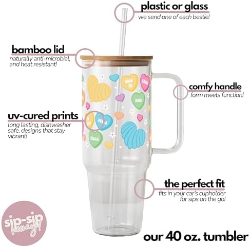 Sip-Sip Hooray! Conversation Heart Candy 40oz Glass Tumbler with Lid - Image 4