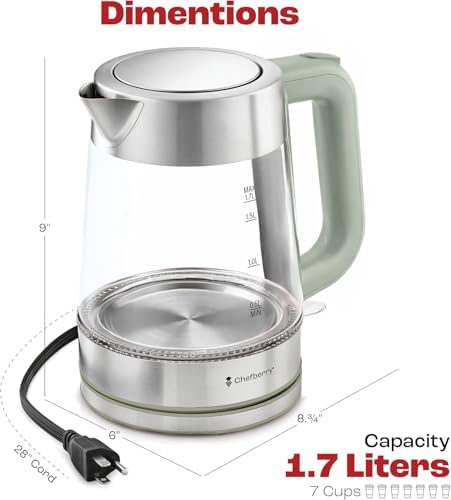 Electric Kettle for Boiling Hot Tea & Water | 1.7L Stainless Steel Borosilicate Glass Boiler With No Plastic, Automatic Shutoff, BPA Free, Fast Heating Technology (Green) - Image 3