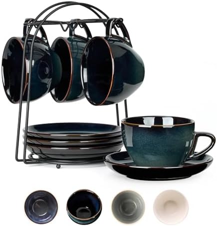 Stackable Cappuccino Cup Set of 4 [8oz] Activated Glazed Ceramic Coffee Cup by SIDUCAL
