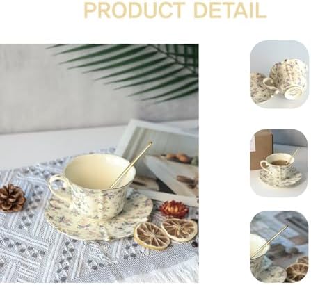Vintage Floral Porcelain Tea Cup and Saucer Set with Spoon, Gold Trim, 6.4 oz – Set of 2, Beige – Tea & Espresso & Coffee Cups (2, Beige) - Image 4