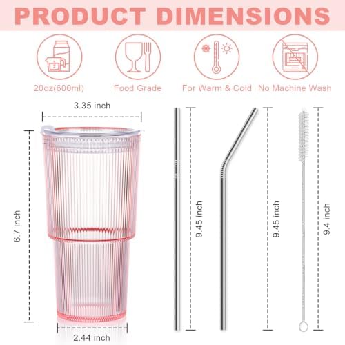 6 Pcs 20oz Acrylic Ribbed Tumblers with Lid and Straws Pink Plastic Reusable Iced Coffee Cups with Lid Unbreakable Vintage Ribbed Drinking Glasses Tumbler for Juice Smoothie Beverage with Clean Brush - Image 4