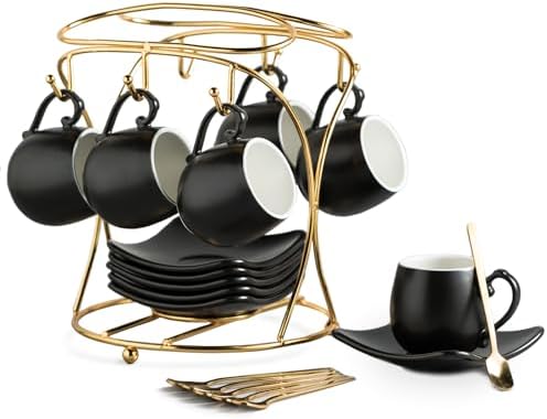 LYEOBOH Espresso Cups with Saucers Set, 3 OZ Coffee Cups with Metal Stand by LYEOBOH