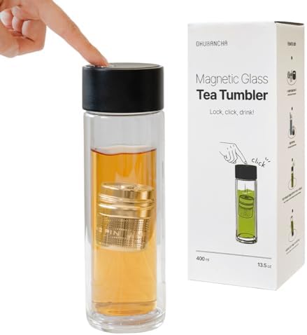 Glass Tea Infuser Bottle – One-Touch Magnetic Brewing, Double Wall Borosilicate Glass Tumbler with Removable Stainless Steel Infuser, Leak-Resistant Lid, 400 ml by Unknown