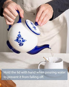 45 Ounce Tea Pot with Infuser, Ceramic Blue and White Teapot, Flowers - Image 3