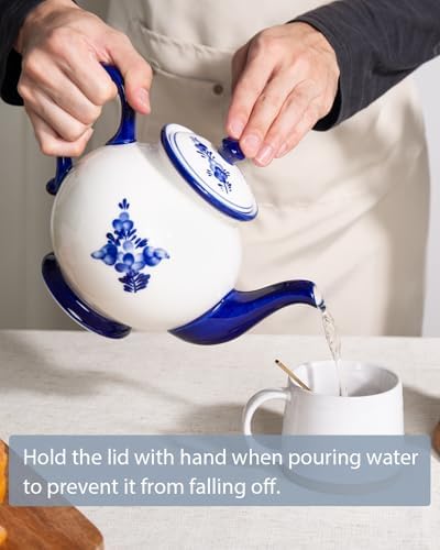 45 Ounce Tea Pot with Infuser, Ceramic Blue and White Teapot, Flowers - Image 3