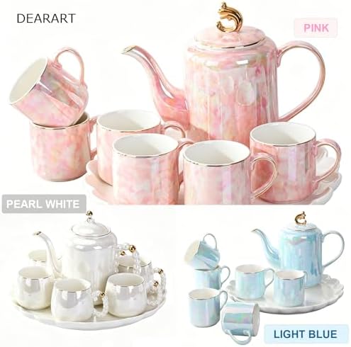 DEARART Luxury Pearl Ceramic Tea Set, 1 Teapot & 6 Cups with Serving Tray, Gold Rim Beaded Handle Porcelain Coffee Tea Service Set, Elegant White Tea Cup Set for Home Kitchen, Afternoon Tea etc - Image 7