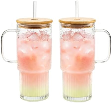 32 oz Glass Water Tumbler with Handle, Glass Cups with Bamboo Lid & Straw by MINGHYZYA