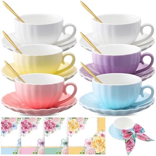 Set of 6 Tea Cups and Saucers Tea Party Decorations 5.4 oz British Cappuccino Cups with Saucers Floral Napkin Gift for Women Birthday Party Church Mother's Day by Suttmin