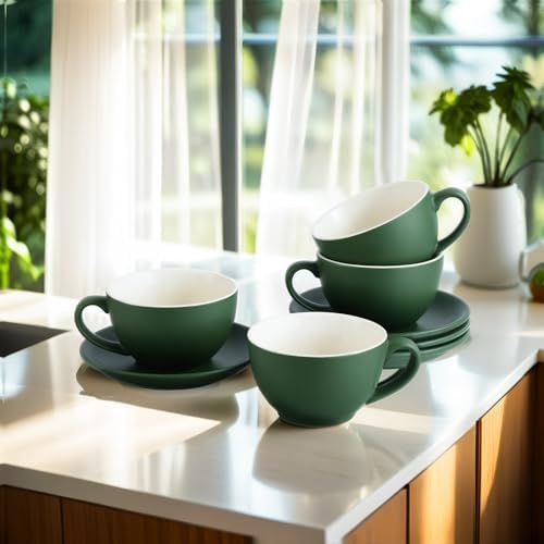 Yundu Matte Green Cappuccino Cups Set of 4-10oz Ceramic Latte Mugs with Saucers, Elegant Espresso Cups for Coffee & Tea - Image 4