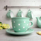 City to Cottage Handmade Teal Blue and White Polka Dot Large Ceramic 12oz/350ml Cappuccino Coffee Tea Cup and Saucer, Unique Designer Pottery for Tea Lovers - Image 2