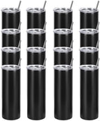 16 Pack 20 Oz Straight Skinny Tumblers,Individually Gift Boxed Stainless Steel Slim Skinny Tumbler Set Bulk, 20 Oz Insulated Slim Thin Travel Tumbler Cup for Diy, Black by Wzaytia