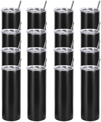 16 Pack 20 Oz Straight Skinny Tumblers,Individually Gift Boxed Stainless Steel Slim Skinny Tumbler Set Bulk, 20 Oz Insulated Slim Thin Travel Tumbler Cup for Diy, Black by Wzaytia