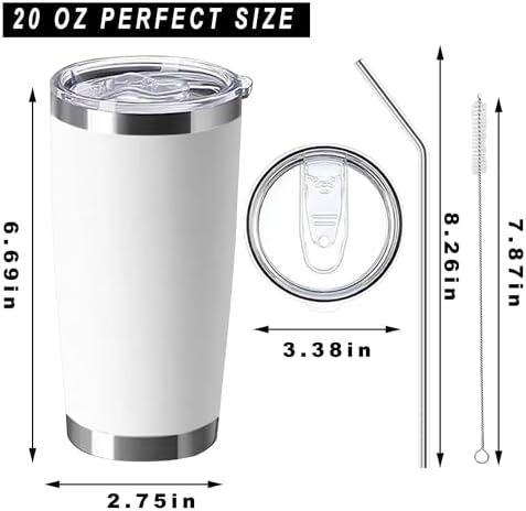 20oz insulted tumblers stainless steel cup Tumbler Bulk with push Lid, and metal straw powder coated coffee cup for cold and hot drinking (12, white) - Image 2