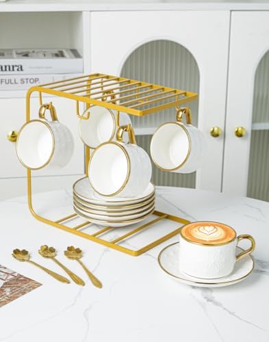 Nineteen-piece coffee set, including six porcelain coffee cups, one metal rack, six spoons, and six ceramic saucers, with hand-painted relief design, for lattes, mocha coffee, cappuccino, and tea by Unknown