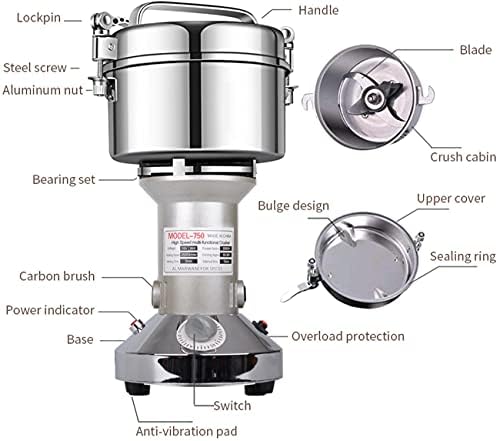Grain Mill Grinder 750g High Speed Electric Stainless Steel Grinder Cereals Corn Flour Pulverizer Powder Machine for Dry Spice Herbs Grains Coffee Rice Pepper - Image 3
