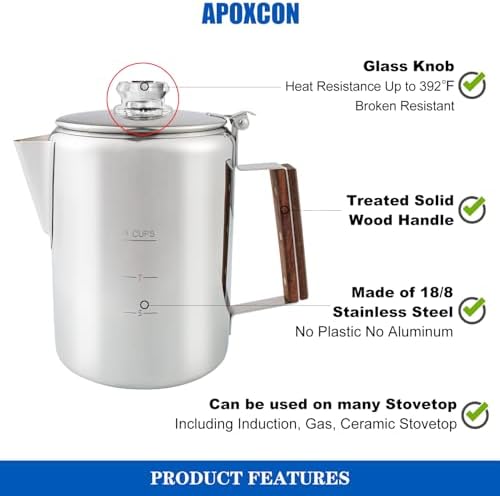 APOXCON Coffee Percolator Camping Coffee Pot Stainless Steel with Glass Knob Using on any Stovetop - NO Aluminum NO Plastic (9 Cup) - Image 5
