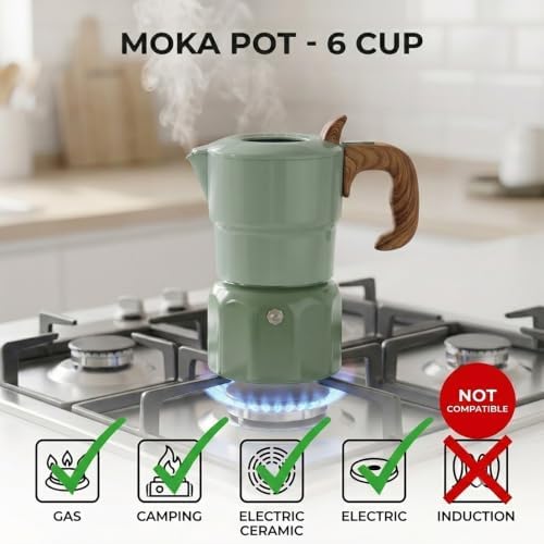 6 Cup Moka Pot, 10 oz Aluminum Stovetop Espresso Maker, Retro Two Tone - Image 6