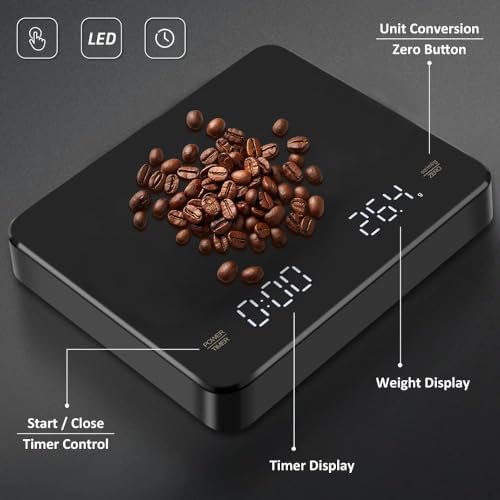 OBEST Mini Coffee Scale with Timer, Portable Kitchen Food Scale with Invisible Screen Rechargeable Digital Coffee Scale Espresso Scale with Timer 3kg/0.1g Precision Scale Classic Black - Image 3