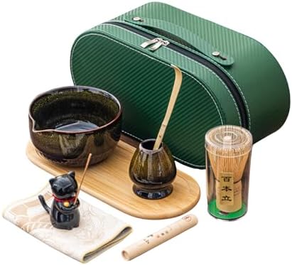 Matcha Whisk Set, Zen Travel Tea Ceremony Kit with Cat Figurine, Bamboo Whisk, Bowl, Incense & Portable Bag - 9-Piece Portable Matcha Set for Mindful Gifting & On-The-Go Rituals (N) by Unknown