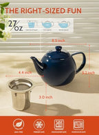 Sweese Teapot, Porcelain Tea Pot with Stainless Steel Infuser, Blooming & Loose Leaf Teapot - 27ounce, Navy - Image 2
