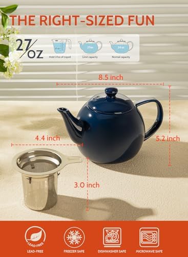 Sweese Teapot, Porcelain Tea Pot with Stainless Steel Infuser, Blooming & Loose Leaf Teapot - 27ounce, Navy - Image 2