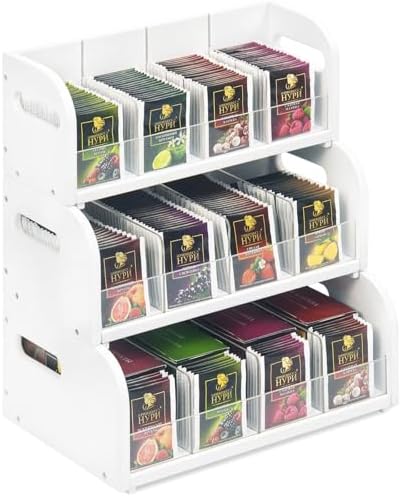 Bamboo Tea Bag Organizer, 3-Tier Tea Bag Holder Storage Organizer, Stackable Tea Packet Rack/Shelf, Tea Station Stand with Acrylic Partition for Counter, Cabinet and Pantry-White by SPOPSOOD