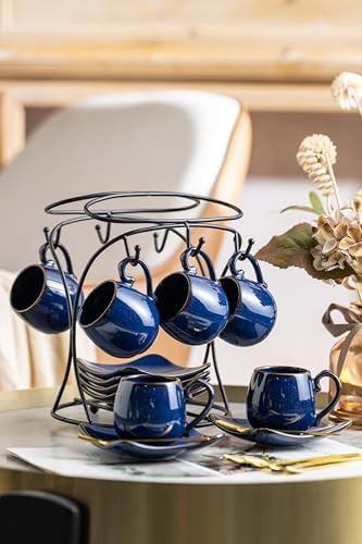LYEOBOH 3oz Espresso Cups with Saucers, Small Coffee Cups Set of 6 with Spoons and Metal Stand, Ceramic Cute Demitasse Cups for Housewarming Wedding Gift, Cobalt Blue - Image 6
